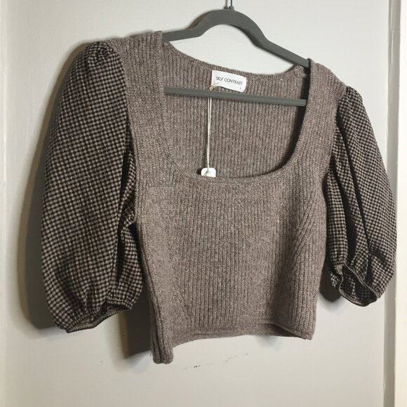NWT! Self Contrast Sweater with Puff Sleeves | Brown | Large - Picture 1 of 11